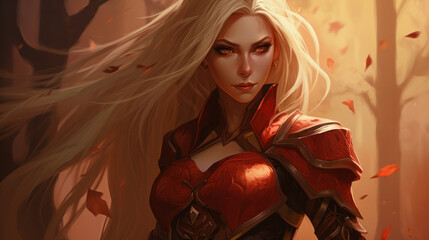 Illustration of a fantasy female blood elf in red armor