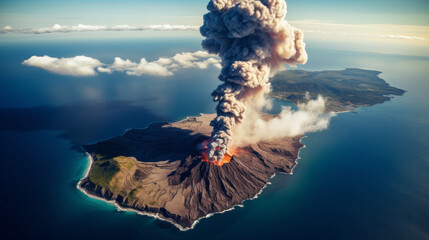 Wall Mural - Volcanic eruption aerial view with smoke and lava explosion