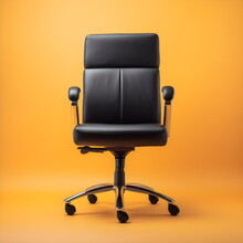 Black Leather Office Chair With Wheels Isolated On Plain Yellow Studio Background Made With Generative Ai