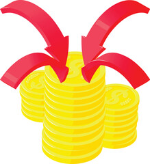 Poster - Investment profit icon isometric vector. Four arrow directed to gold coin stack. Finance, profit, income
