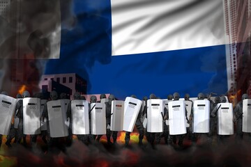 Finland protest fighting concept, police special forces on city street are protecting government against mutiny - military 3D Illustration on flag background