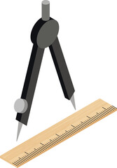 Poster - Drafting tool icon isometric vector. Black drafting compass near wooden ruler. Drawing, design, engineering