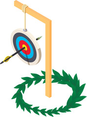 Poster - Archery concept icon isometric vector. Hanging shooting target and winner branch. Archery sport equipment