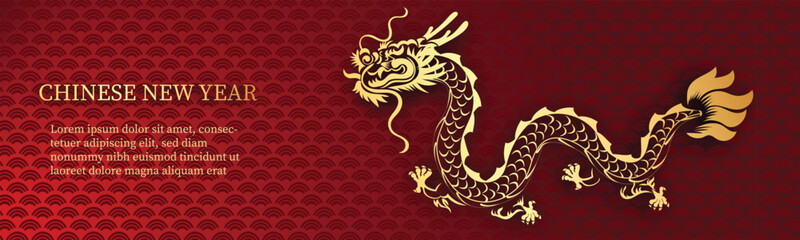 Chinese New Year 2024, the year of the Dragon, red and gold line art characters, simple hand-drawn Asian elements with craft (Chinese translation: Happy Chinese New Year 2024, year of the Dragon)