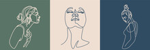 Surreal Faces Continuous Line, Drawing Of Set Faces And Hairstyles, Fashion Concept, Woman's Beauty, Minimalist, Vector Illustration, Pretty Sexy. Love Yourself And Take Care Of Yourself.