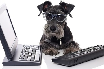 Poster - dog behind a laptop isolated on white background. Generated by AI