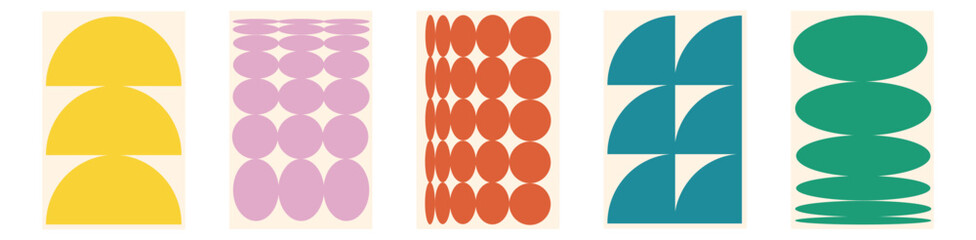 Abstract shapes backgrounds. Brutalist style. Swiss design aesthetic. Figure circle oval wave patterns. Geometric posters in trendy retro.