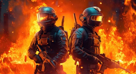 Wall Mural - Two skilled players, armed with powerful guns, stand fearlessly at the forefront of a shooter game battleground