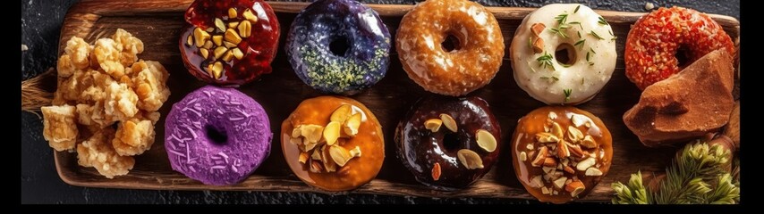 Donuts, a Tempting Treat for Foodies, Bakery Lovers, and Dessert Aficionado - Assorted Flavors and Toppings on Freshly Baked 