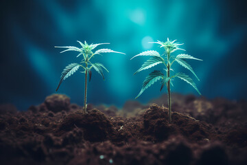 two young cannabis plants are growing out of soil-generative ai