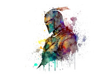 Knight Drawn With Colored Watercolors Isolated On A White Background. Generated By AI.