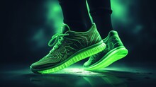 Green Neon Sneakers On A Black Background With Copy Space For Text Or Design. A Close Up Of A Pair Of Walking Shoes. Fashion Trendy Style. Generative AI. Illustration For Poster, Cover Or Brochure.