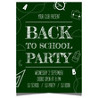 Back to school party poster with chalk inscription and school supplies icons on the blackboard. Vector illustration for celebration of the start of academic or school year with teachers and pupils.