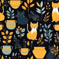 Wall Mural - Cats and plants colorful seamless repeat pattern - impressionism, abstract cat art