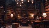 Fototapeta  - A vintage-style reading room in an old library or house, featuring leather armchairs, Generative AI.