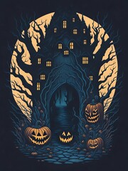 Wall Mural - creepy house, night of halloween, pumpkins outside a scary house, halloween illustration, tenebrous halloween mansion, by generative ai