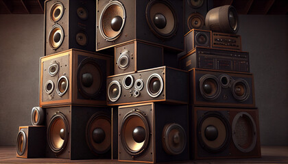 A large stack of vintage music audio speakers Ai generated image