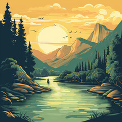 forest landscape illustration with river retro style