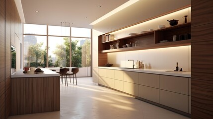 Wall Mural - Modern minimalist kitchen , close up shot, beige cabinets floor to ceiling, combined with walnut wood open cabinets with led lights, floating ceiling. Natural light. generative AI.