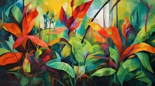 An Abstract Acrylic Painting Inspired By The Vibrant Colors And Textures Of A Tropical Rainforest, With Bold Brushstrokes And Rich Foliage. (Generative AI)