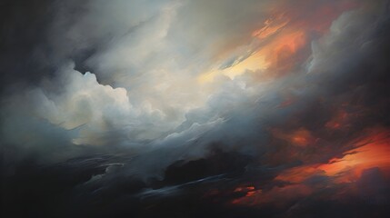 An abstract acrylic representation of a stormy sky, with swirling clouds, dramatic brushwork, and a dynamic interplay of light and dark. (Generative AI)