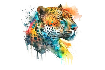 Poster - leopard is drawn with multi-colored watercolors isolated on a white background. Generated by AI