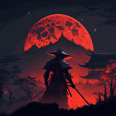 samurai red moon night battle burning village decoration wallpaper illustration background generative AI