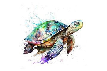 Aufkleber - turtle drawn with colored watercolors isolated on a white background. Generated by AI.