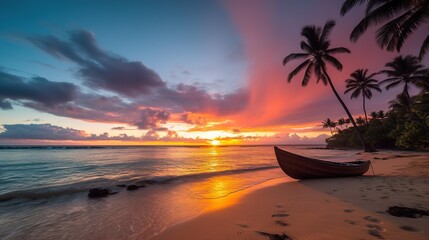 Wall Mural - Serene Beach Sunset. Beautiful tropical beach with palm trees silhouettes at dusk. Generative ai.