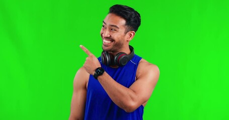 Poster - Fitness, pointing and man in a studio with green screen for marketing, promotion or advertising. Sports, athlete and portrait of a happy male person with a presenting gesture by chroma key background
