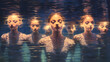 © ckybe - A group of synchronized swimmers in ballet style performing an elegant routine in a sparkling pool, illuminated by the soft glow of underwater lights