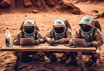 three astronauts working on laptops in a desert