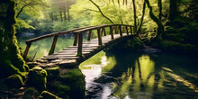 Crossing A Rustic Bridge, A Narrow Wooden Bridge Stretches Across A Crystal-clear River, Nestled Within A Vibrant Forest.