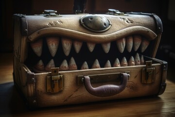 A evil old open suitcase with eyes and sharp teeth created with generative AI technology.