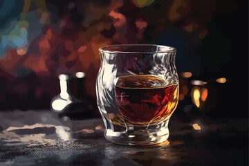 Grape brandy in shot glass dark brown background 