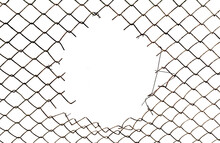 The Texture Of The Metal Mesh On A White Background. Torn Steel, Metal Mesh With Holes