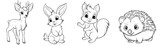 Forest animals - cute Fawn Deer, Hare, Squirrel and Hedgehog, simple thick lines kids or children cartoon coloring book pages. Clean drawing can be vectorized to illustration easily. Generative AI