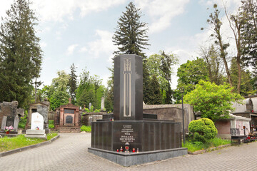 Ancient tombstone to Roman Shukhevych at the famous Lychakiv Cemetery in Lviv, Ukraine