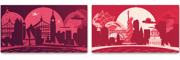 Wall Mural - World Landmarks Skyline Silhouette Style, Colorful, Cityscape, Travel and Tourist Attraction - Generative AI