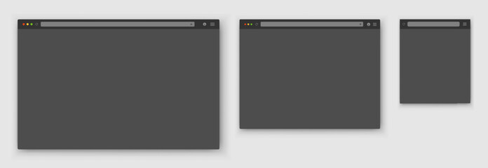 Poster - Browser windows. A set of realistic empty gray browser windows of different shapes with a toolbar, a search bar and a shadow on a light background. Vector EPS 10.
