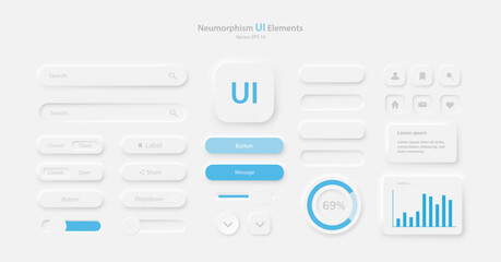 Fototapete - A collection of icons for user interface development in white and light blue. A set of user interface elements for a mobile application. Buttons for mobile devices in the style of neumorphism, UI, UX.