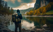 Rear view of a man in hoodie with a backpack. Tourist watching a peaceful river flowing among the mountains and woods. Generative AI.