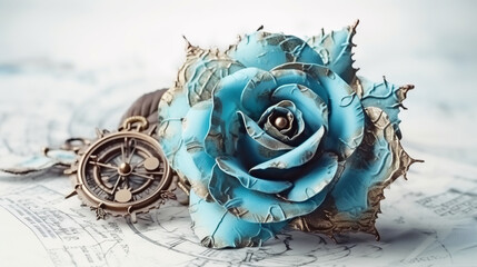 blue rose , old , background, generative, ai, steampunk style, vintage