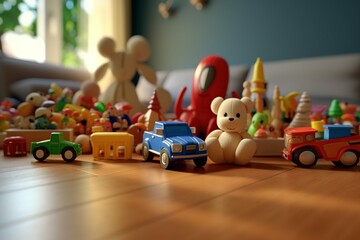 Set of different cute toys on wooden table in children's room, Generative ai