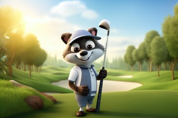 Canvas Print - Cute Cartoon Raccoon Dressed as a Golfer on a Golf Course