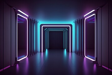Poster - futuristic neon-lit hallway with a dark ambiance. Generative AI