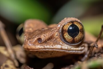 Poster - close-up view of a frogs eye with blurry grass in the background