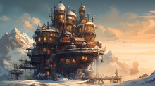 Old Castle In The Snow, Background, Generative, Ai, Steampunk Style