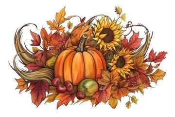 Sticker - vibrant orange pumpkin amidst a sea of colorful autumn leaves