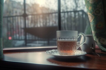 Poster - morning coffee on the table in the morning. Generated by AI.